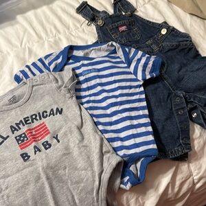 Onesie and Jean overalls baby bundle. Overalls are 0-3 months.